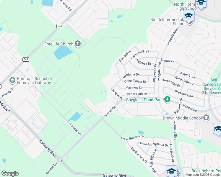 map of restaurants, bars, coffee shops, grocery stores, and more near 2115 Gardenia Drive in Forney