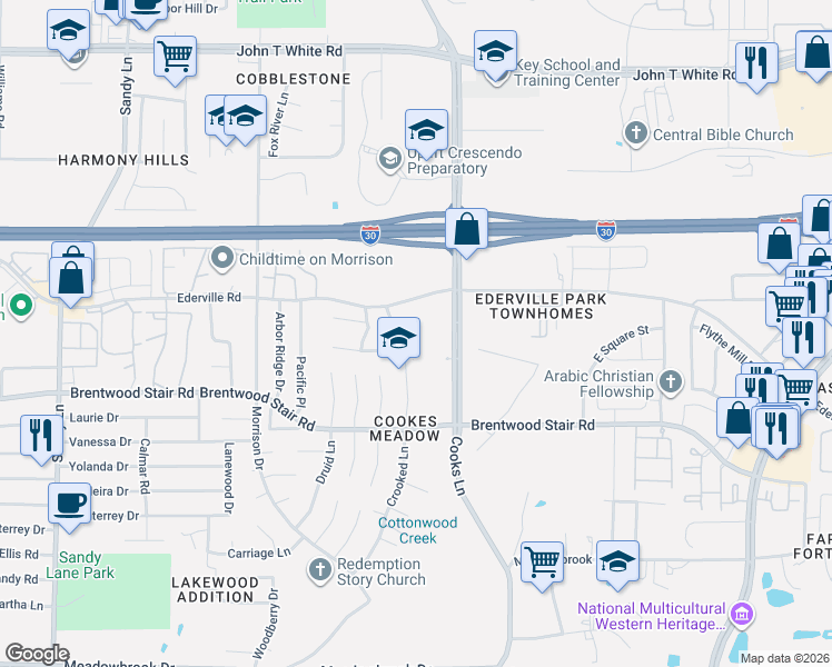 map of restaurants, bars, coffee shops, grocery stores, and more near 1529 Creekstone Court in Fort Worth