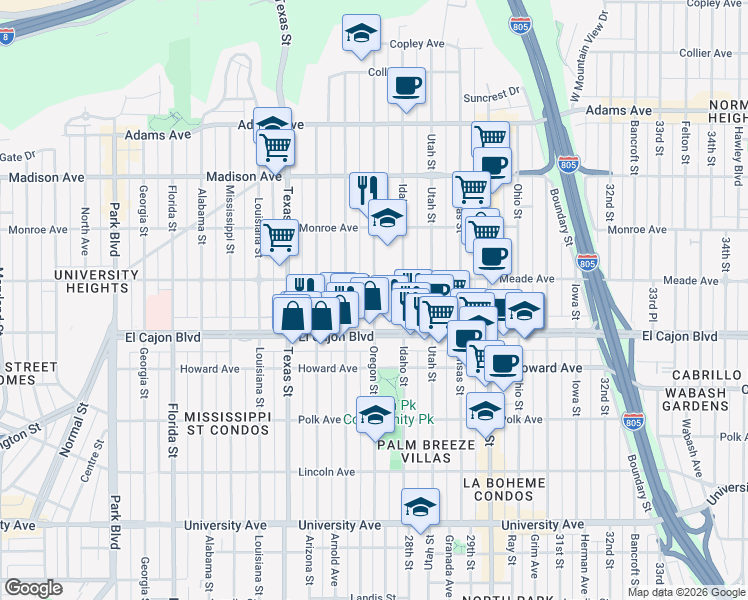map of restaurants, bars, coffee shops, grocery stores, and more near Oregon Street in San Diego