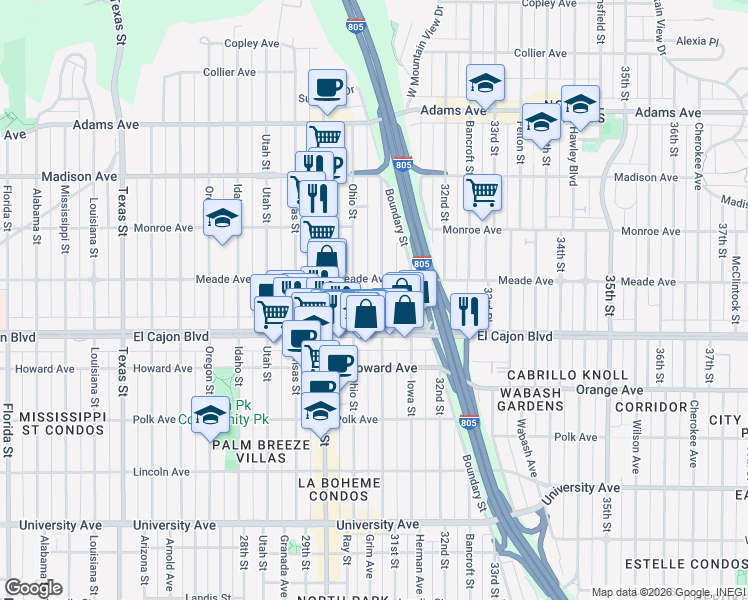 map of restaurants, bars, coffee shops, grocery stores, and more near 4387 Illinois Street in San Diego