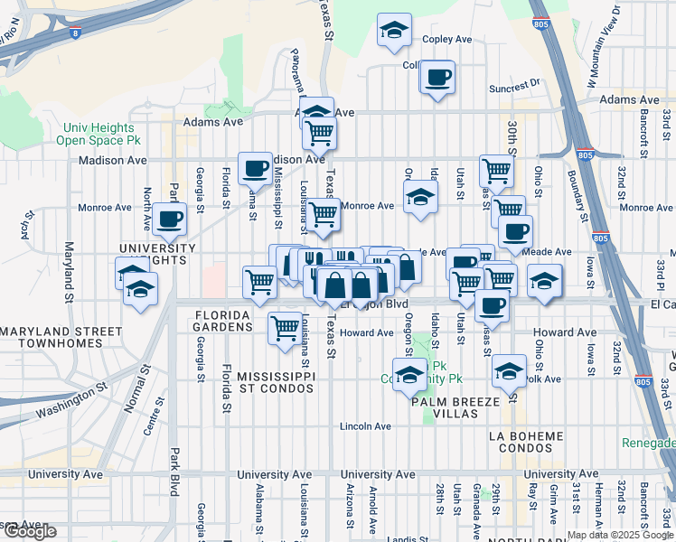 map of restaurants, bars, coffee shops, grocery stores, and more near 4463 Texas Street in San Diego