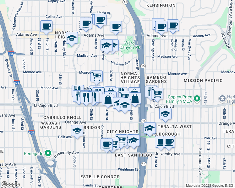 map of restaurants, bars, coffee shops, grocery stores, and more near 4367 McClintock Street in San Diego