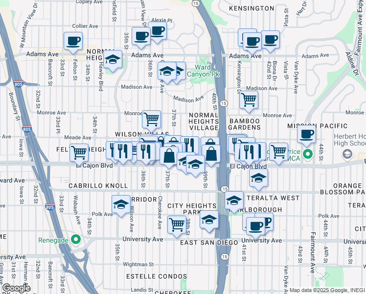 map of restaurants, bars, coffee shops, grocery stores, and more near 4367 McClintock Street in San Diego