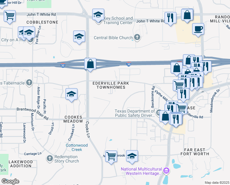 map of restaurants, bars, coffee shops, grocery stores, and more near 8028 Ederville Circle in Fort Worth