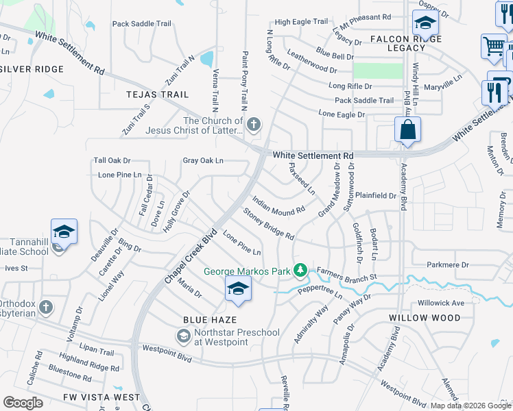 map of restaurants, bars, coffee shops, grocery stores, and more near 10168 Indian Mound Road in Fort Worth