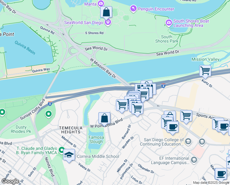 map of restaurants, bars, coffee shops, grocery stores, and more near 3274 Loma Riviera Drive in San Diego