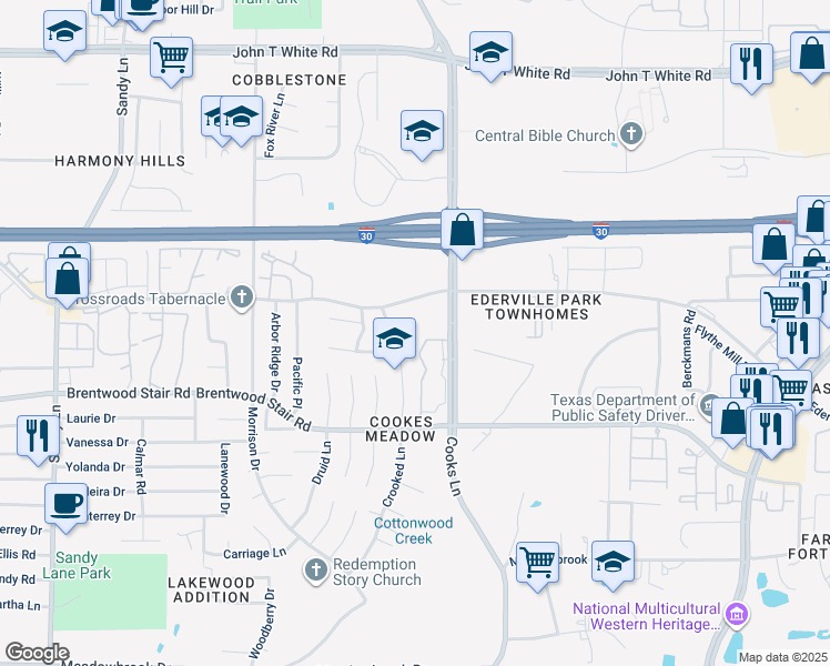 map of restaurants, bars, coffee shops, grocery stores, and more near 1517 Creekstone Court in Fort Worth