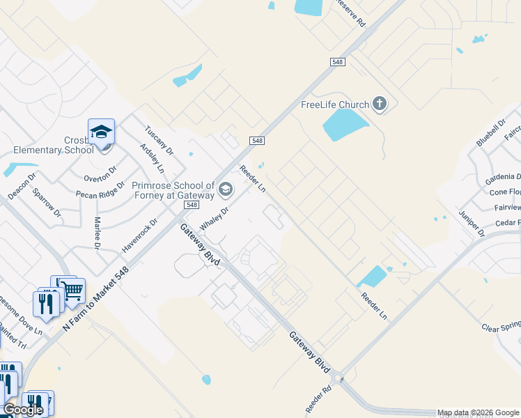 map of restaurants, bars, coffee shops, grocery stores, and more near 1000 Reeder Lane in Forney