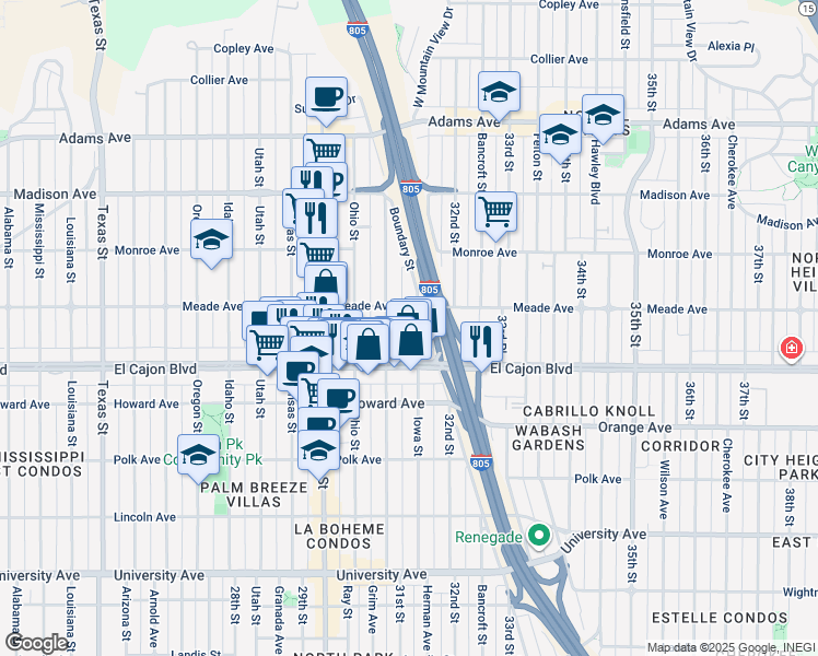 map of restaurants, bars, coffee shops, grocery stores, and more near 4387 Illinois Street in San Diego