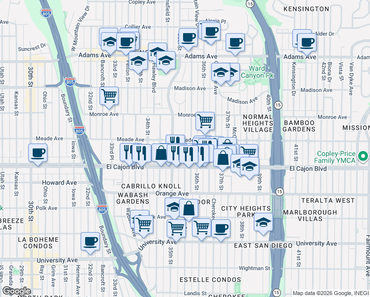 map of restaurants, bars, coffee shops, grocery stores, and more near 4396 Wilson Avenue in San Diego