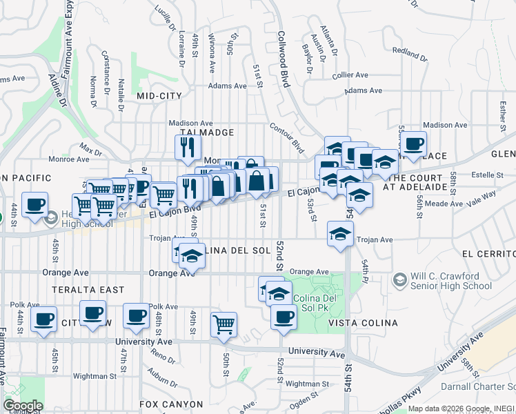 map of restaurants, bars, coffee shops, grocery stores, and more near 4370 51st Street in San Diego