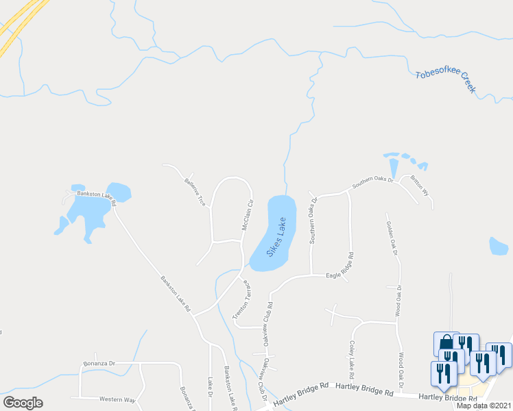 map of restaurants, bars, coffee shops, grocery stores, and more near 142 McClain Circle in Macon