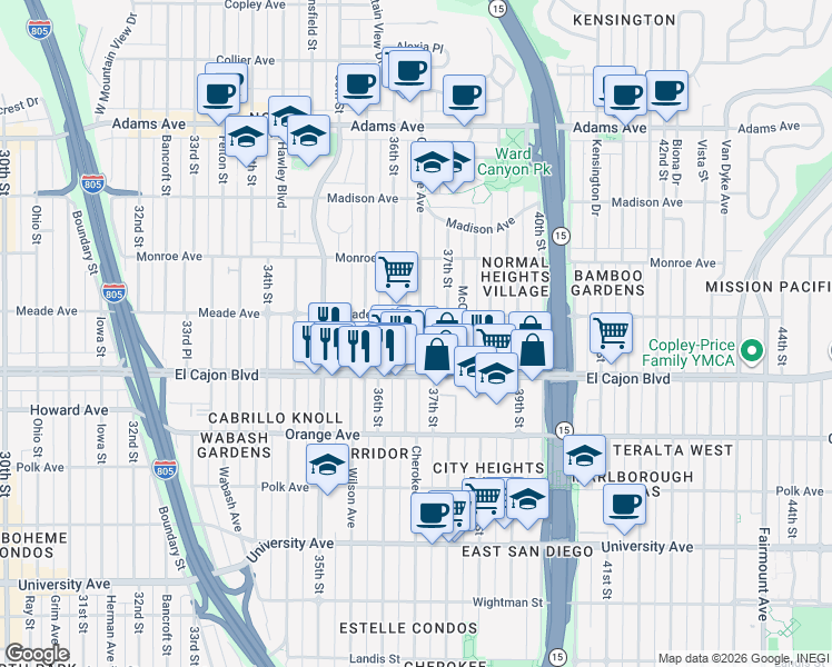 map of restaurants, bars, coffee shops, grocery stores, and more near 3683 Meade Avenue in San Diego