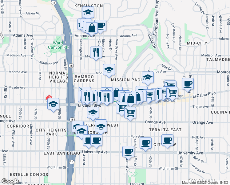 map of restaurants, bars, coffee shops, grocery stores, and more near 4375 Van Dyke Avenue in San Diego