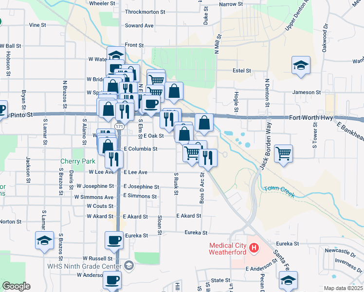 map of restaurants, bars, coffee shops, grocery stores, and more near 200 Santa Fe Drive in Weatherford