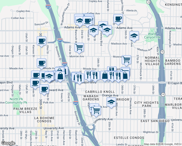 map of restaurants, bars, coffee shops, grocery stores, and more near 3333 Meade Avenue in San Diego