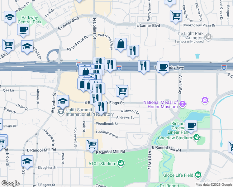 map of restaurants, bars, coffee shops, grocery stores, and more near 1104 Skyline Drive in Arlington