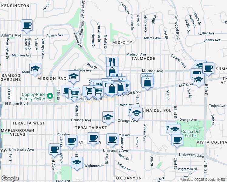 map of restaurants, bars, coffee shops, grocery stores, and more near 4400 47th Street in San Diego