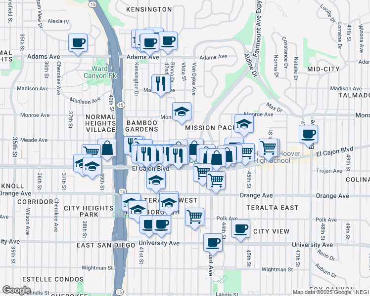 map of restaurants, bars, coffee shops, grocery stores, and more near 4241 Meade Avenue in San Diego