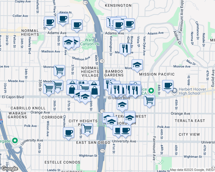 map of restaurants, bars, coffee shops, grocery stores, and more near 4055 Meade Avenue in San Diego