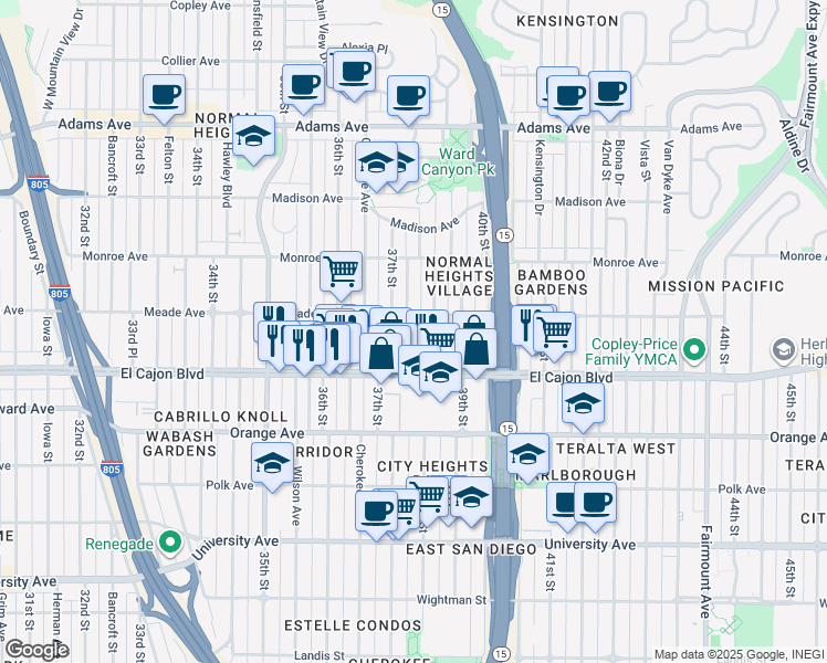 map of restaurants, bars, coffee shops, grocery stores, and more near 4393 McClintock Street in San Diego