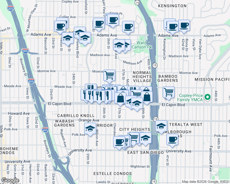 map of restaurants, bars, coffee shops, grocery stores, and more near 3683 Meade Avenue in San Diego
