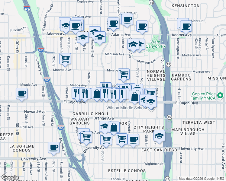 map of restaurants, bars, coffee shops, grocery stores, and more near 4396 Wilson Avenue in San Diego