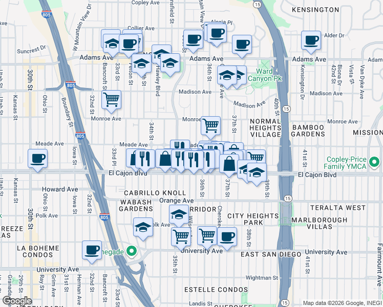 map of restaurants, bars, coffee shops, grocery stores, and more near 4396 Wilson Avenue in San Diego