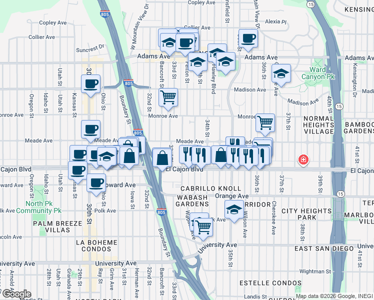 map of restaurants, bars, coffee shops, grocery stores, and more near 3333 Meade Avenue in San Diego