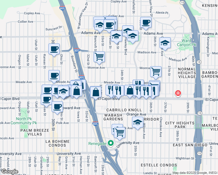 map of restaurants, bars, coffee shops, grocery stores, and more near 3333 Meade Avenue in San Diego