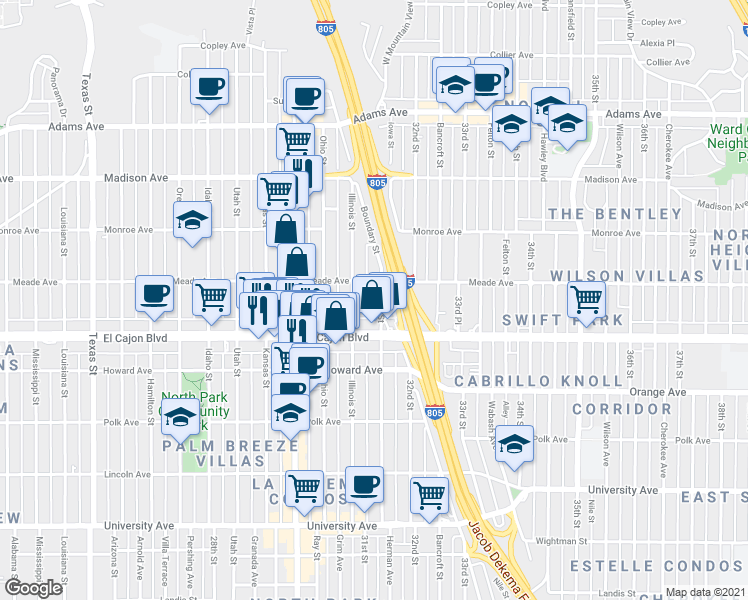 map of restaurants, bars, coffee shops, grocery stores, and more near 4387 Illinois Street in San Diego