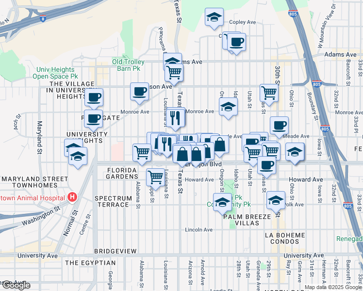 map of restaurants, bars, coffee shops, grocery stores, and more near 4390 Arizona Street in San Diego
