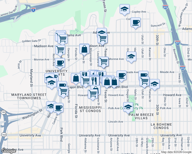 map of restaurants, bars, coffee shops, grocery stores, and more near 4383 Mississippi Street in San Diego