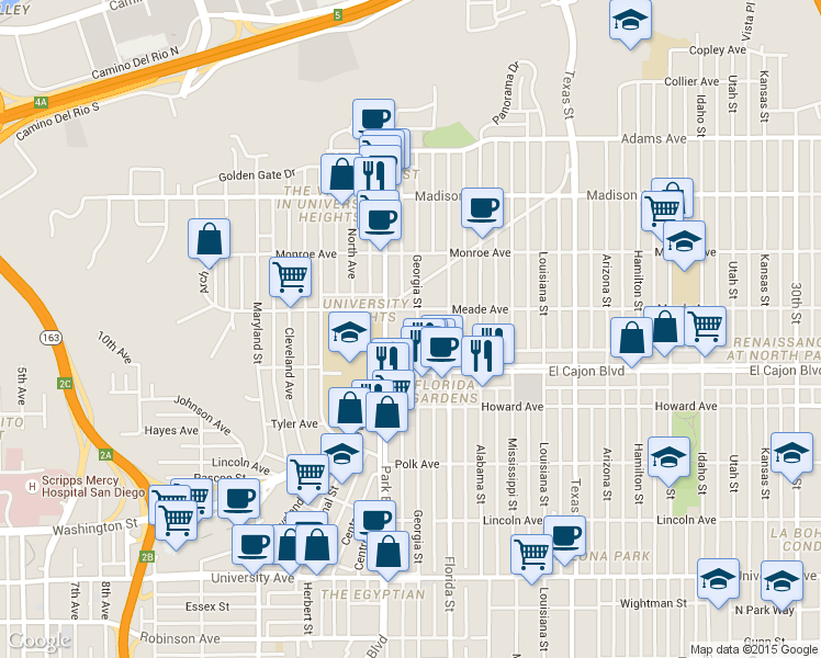 map of restaurants, bars, coffee shops, grocery stores, and more near 1825 Meade Avenue in San Diego