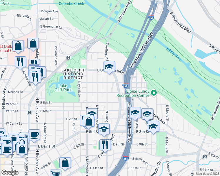 map of restaurants, bars, coffee shops, grocery stores, and more near 727 North Ewing Avenue in Dallas