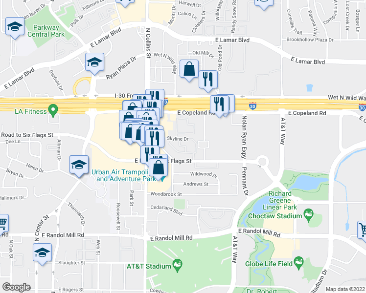map of restaurants, bars, coffee shops, grocery stores, and more near 1104 Skyline Drive in Arlington