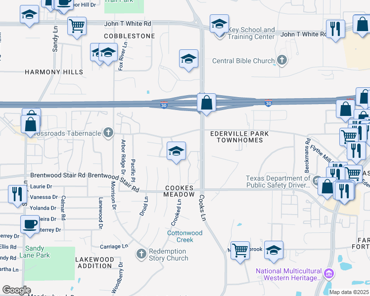 map of restaurants, bars, coffee shops, grocery stores, and more near 1517 Creekstone Court in Fort Worth