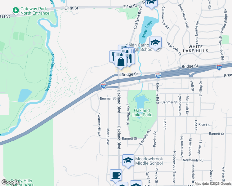map of restaurants, bars, coffee shops, grocery stores, and more near 1508 Menzer Road in Fort Worth