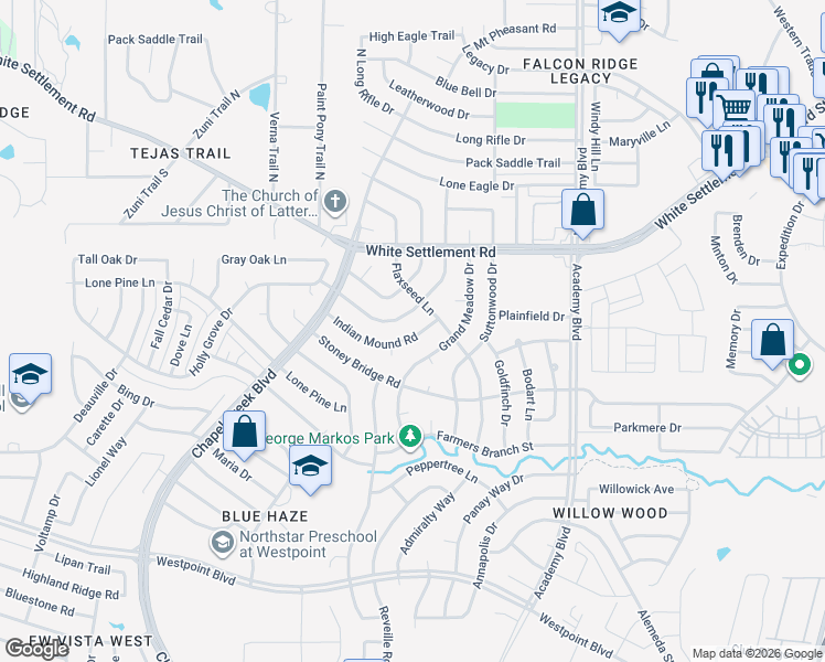map of restaurants, bars, coffee shops, grocery stores, and more near 10104 Indian Mound Road in Fort Worth