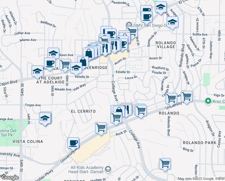 map of restaurants, bars, coffee shops, grocery stores, and more near 4348 College Avenue in San Diego