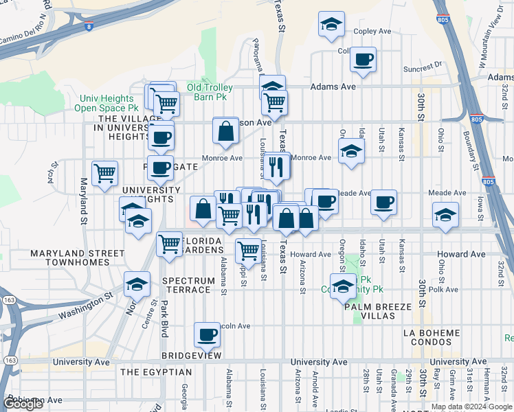 map of restaurants, bars, coffee shops, grocery stores, and more near 4383 Mississippi Street in San Diego