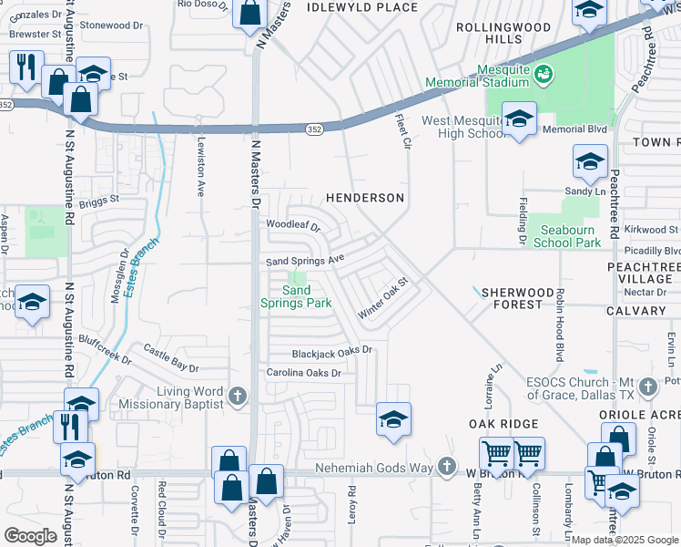 map of restaurants, bars, coffee shops, grocery stores, and more near 2503 Oak Bend Lane in Dallas