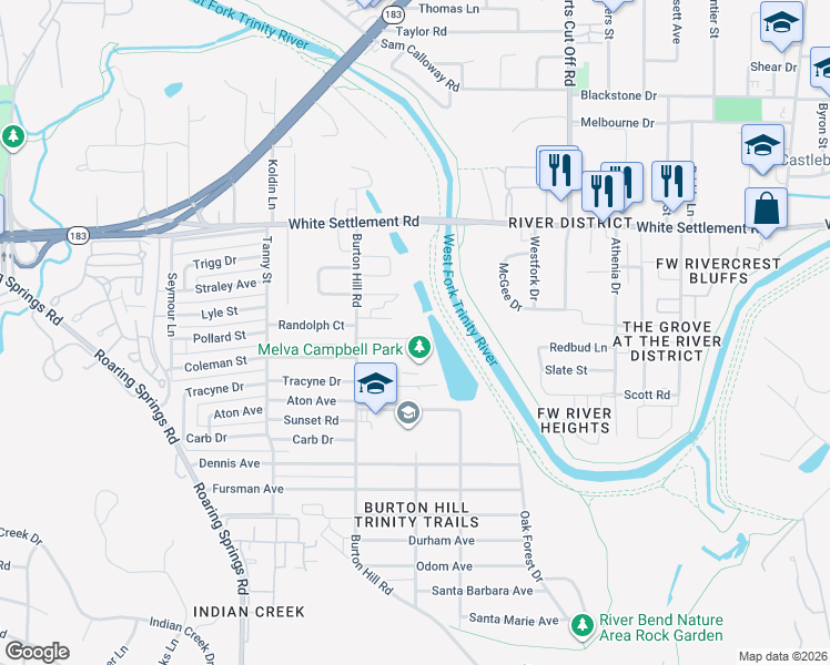 map of restaurants, bars, coffee shops, grocery stores, and more near 5602 Watters Place in Westworth Village