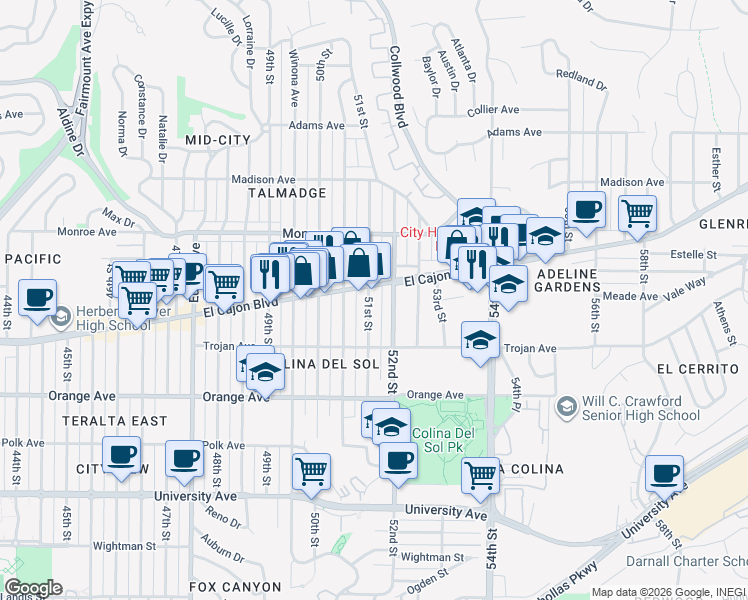 map of restaurants, bars, coffee shops, grocery stores, and more near 5125 El Cajon Boulevard in San Diego