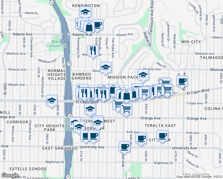 map of restaurants, bars, coffee shops, grocery stores, and more near 4375 Van Dyke Avenue in San Diego