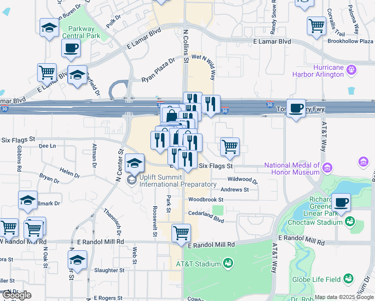 map of restaurants, bars, coffee shops, grocery stores, and more near 1419 North Collins Street in Arlington