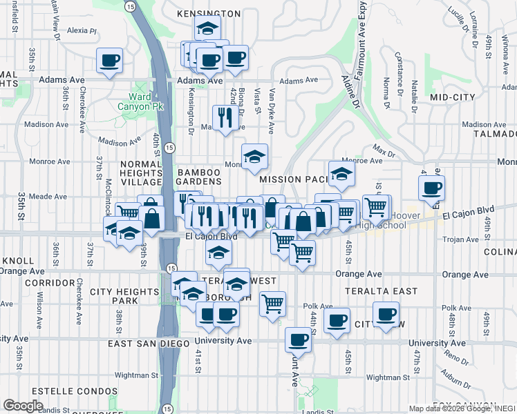 map of restaurants, bars, coffee shops, grocery stores, and more near 4241 Meade Avenue in San Diego