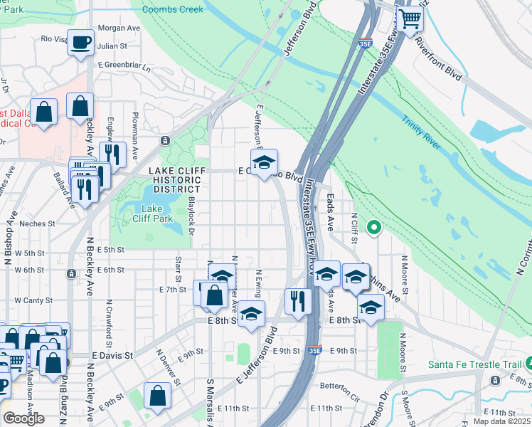 map of restaurants, bars, coffee shops, grocery stores, and more near 727 North Ewing Avenue in Dallas