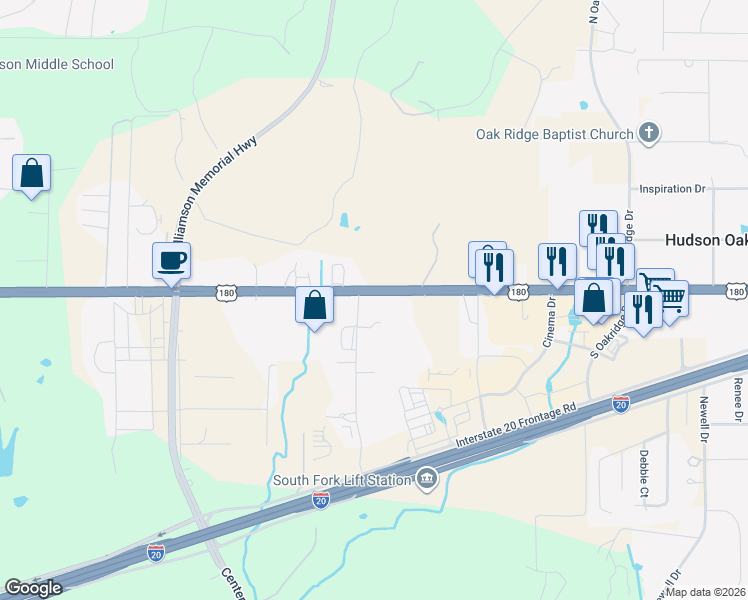 map of restaurants, bars, coffee shops, grocery stores, and more near 109 Hancock Drive in Weatherford