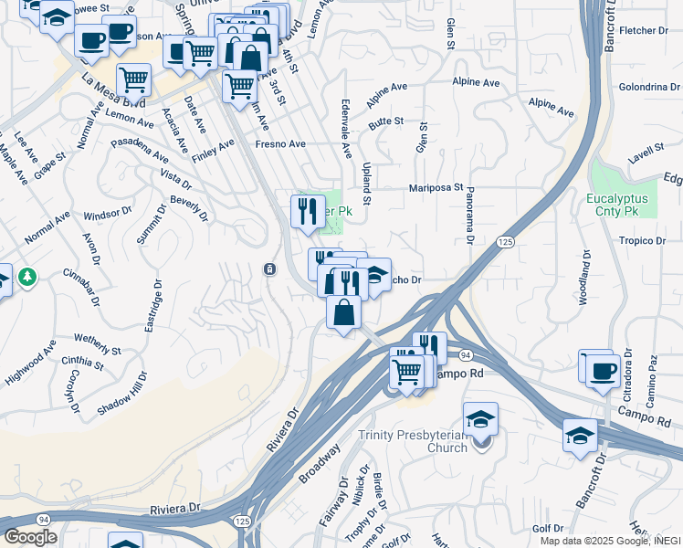 map of restaurants, bars, coffee shops, grocery stores, and more near 4265 Palm Avenue in La Mesa